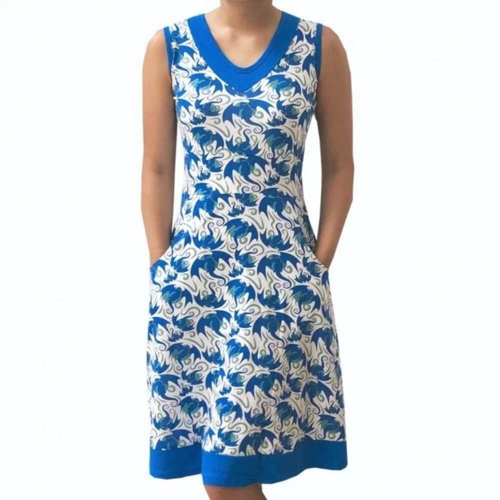 Svaha Apparel Flying Dragons Sleeveless Eileen Mini Dress White Blue Womens XS